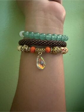 Stackable Green Bead and Charm Bracelet Set